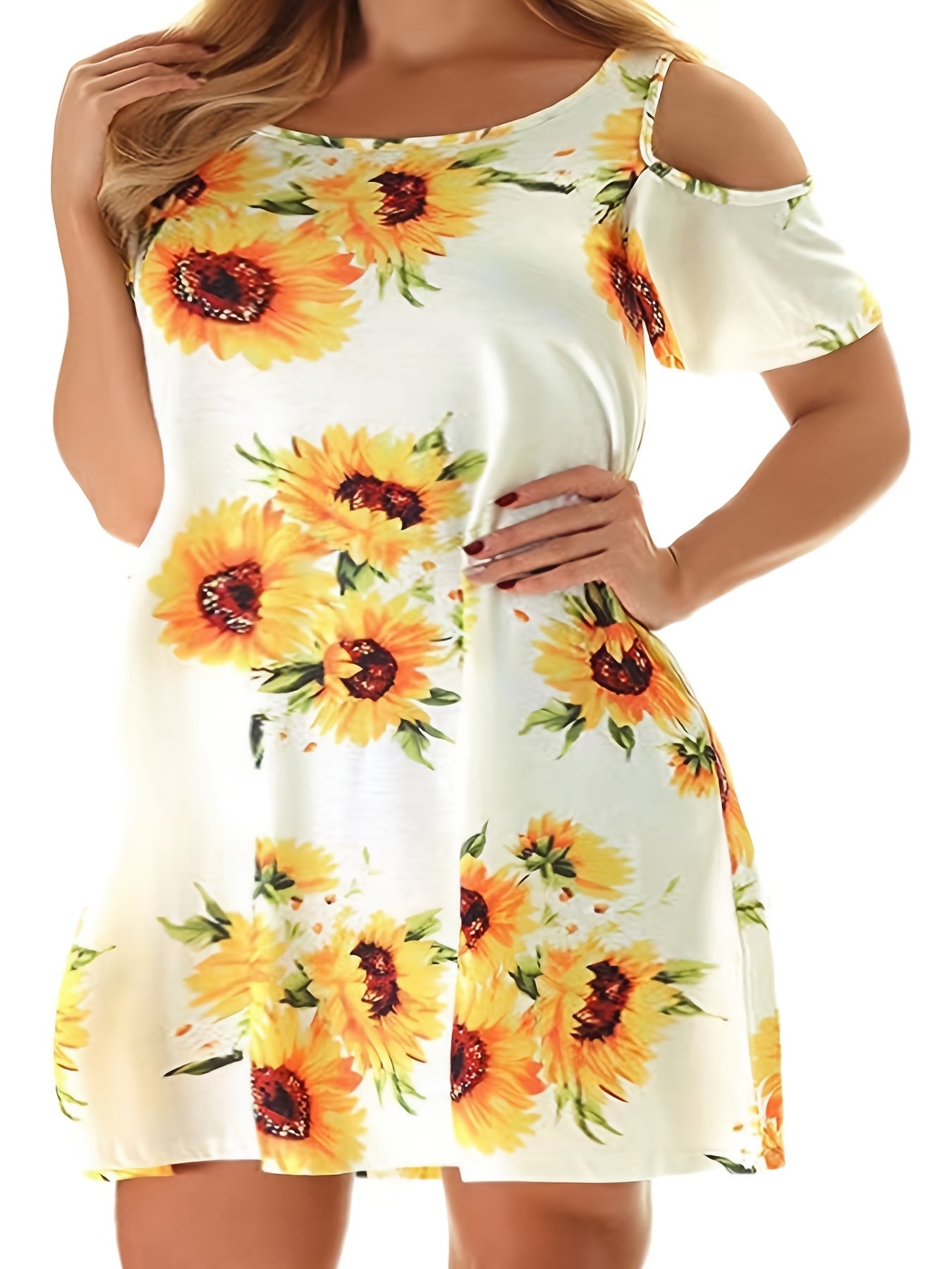 Women's Plus Sunflower Print Cold Shoulder Dress
