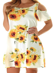 Women's Plus Sunflower Print Cold Shoulder Dress