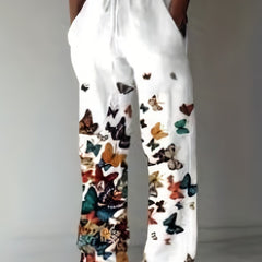Men's Butterfly Pattern Straight Leg Pants Elastic Waist Beach Trousers