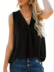  Solid Chiffon V Neck Pleated Tunic Tank Top