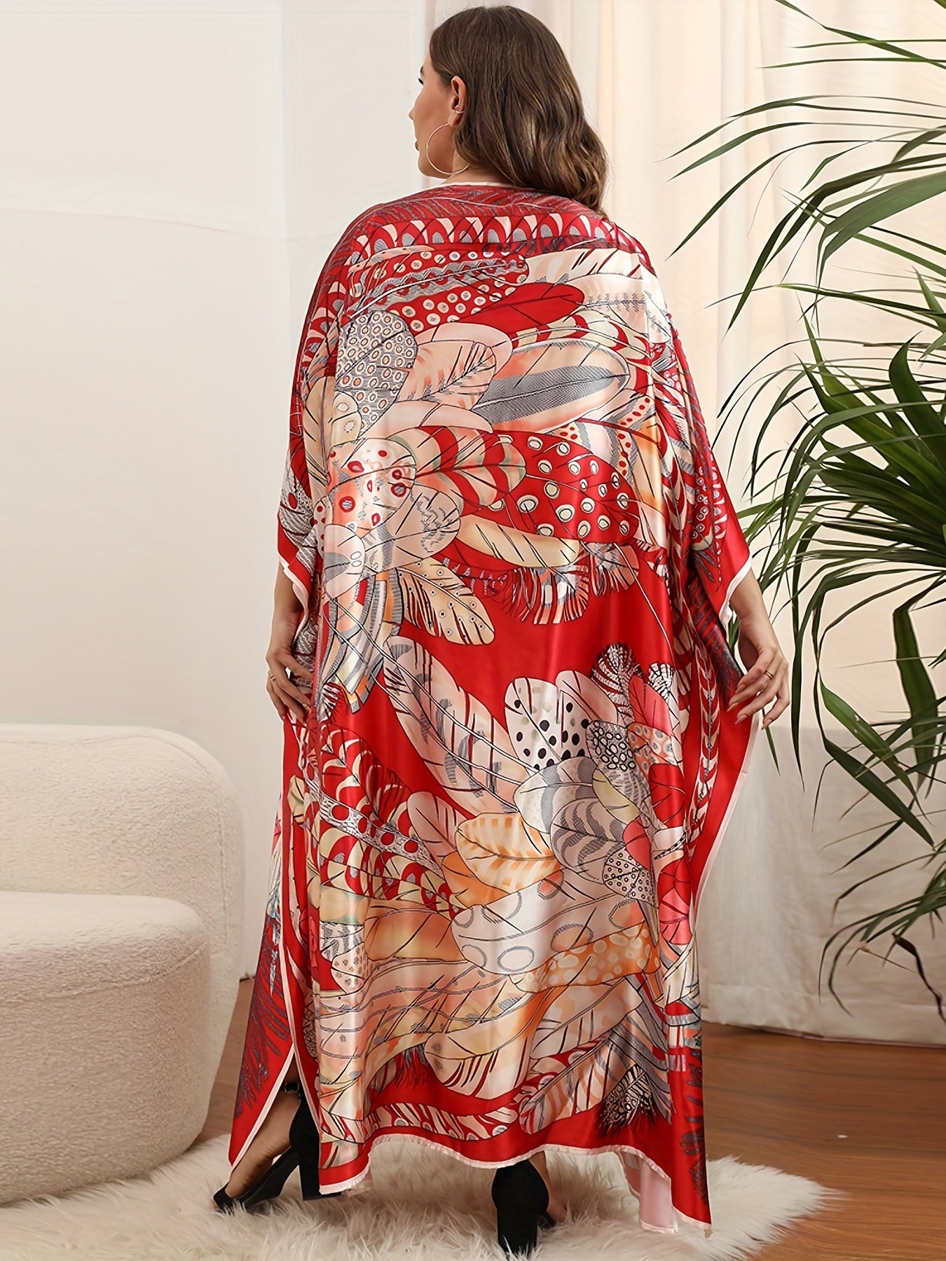  Feather Print Maxi Cover Up Dress
