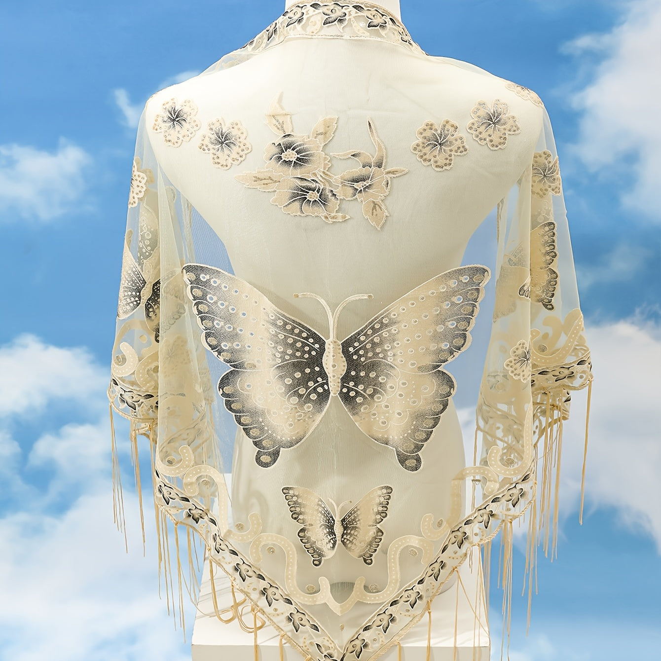 Triangle Scarf Butterfly Flower Embroidery Lace Tassel Shawl