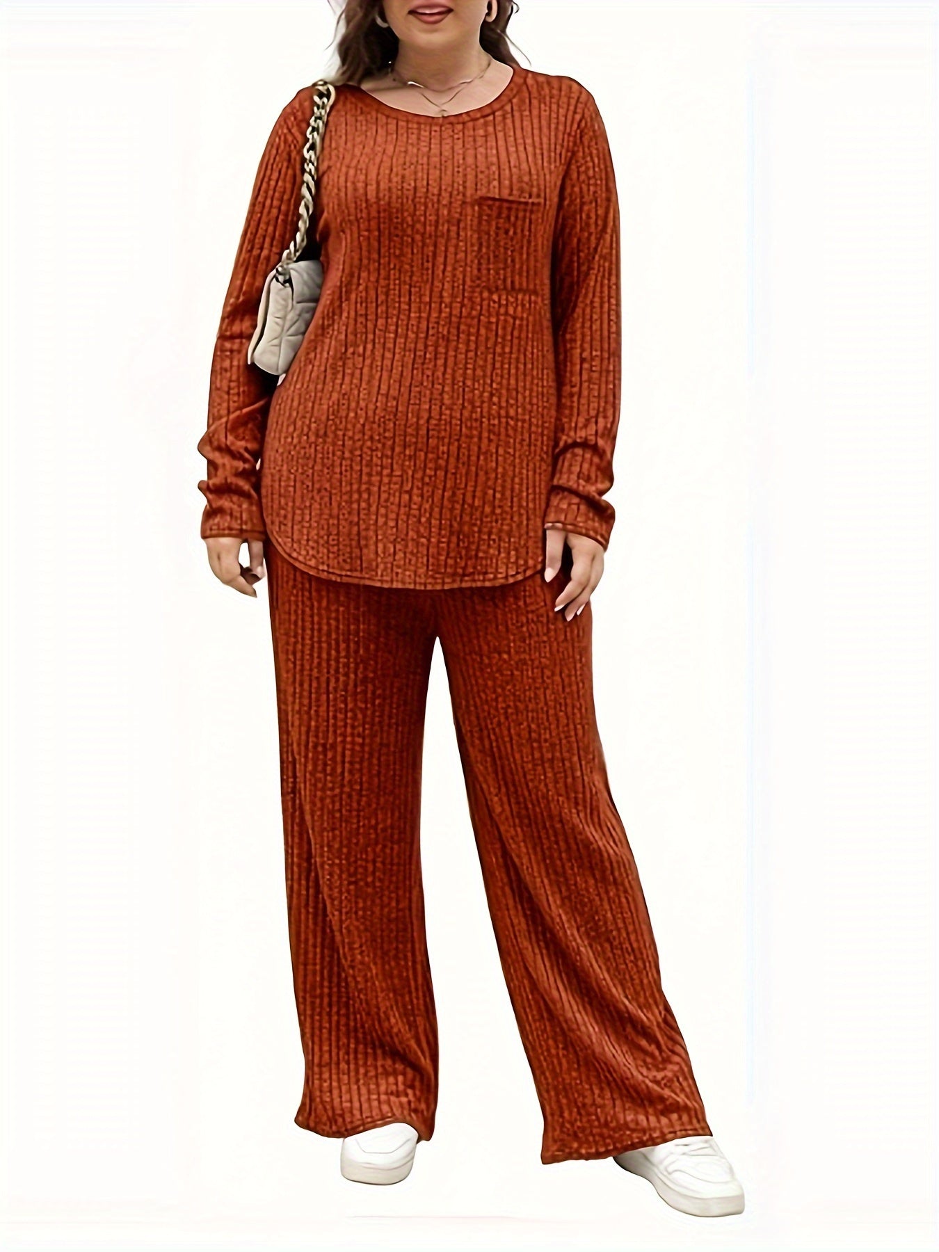  Ribbed Knit Top & Pants Outfit Set Long Sleeve Round Neck Pocket