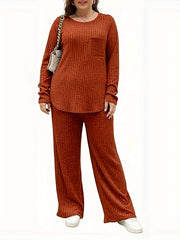  Ribbed Knit Top & Pants Outfit Set Long Sleeve Round Neck Pocket