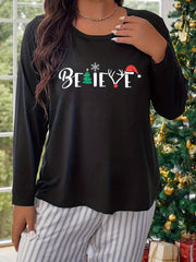  Christmas Casual Lounge Top Snowflake Print Crew Neck Pajama Tee