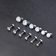 6 Pairs 18G CZ Inlaid Barbell Stud Earrings Set Stainless Steel