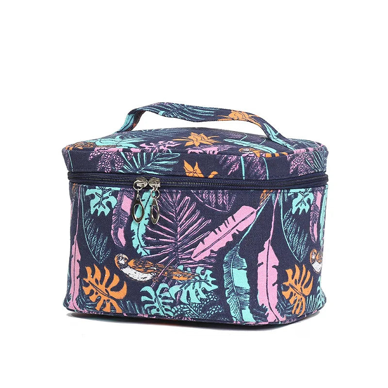 Canvas Leaf Print Cosmetic Bag for Women Makeup Storage Travel Beauty Organizer