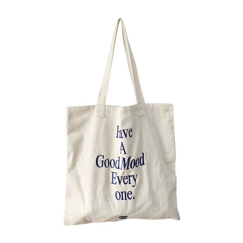 Embroidered Letter Shoulder Bag Canvas Tote Handbag