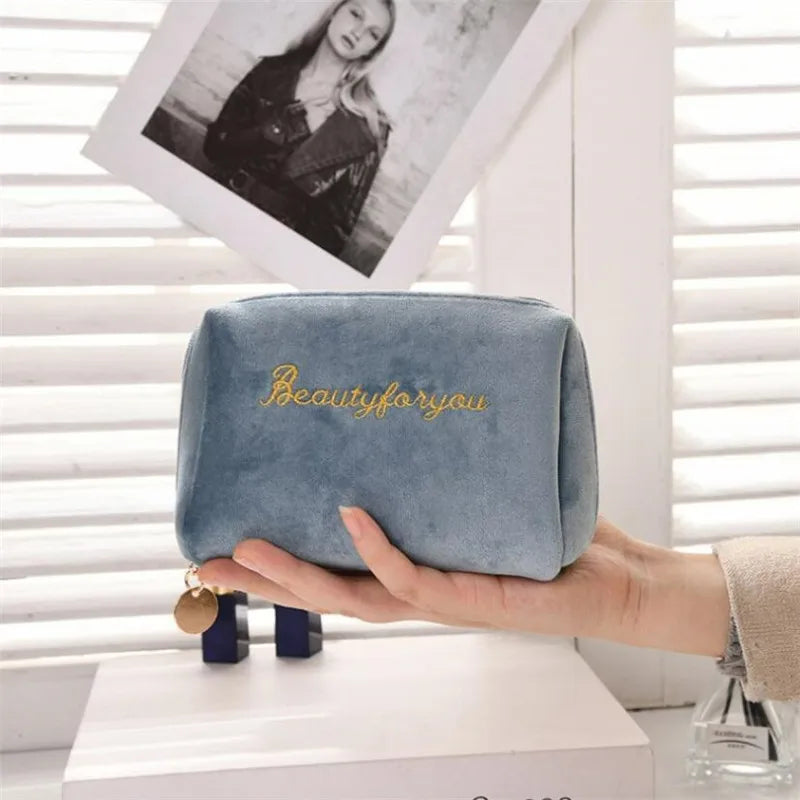 Velvet Make Up Bag Travel Large Cosmetic Bag Zipper Solid