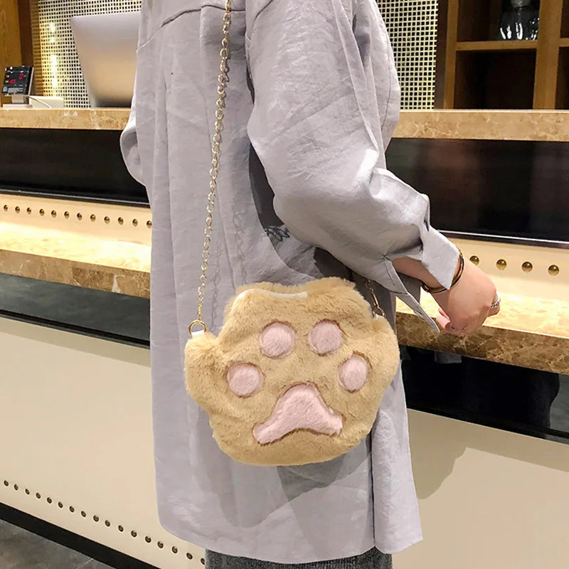 Women Student Shoulder Crossbody Bag Plush Cat Paw Anti-wear Mobile Phone