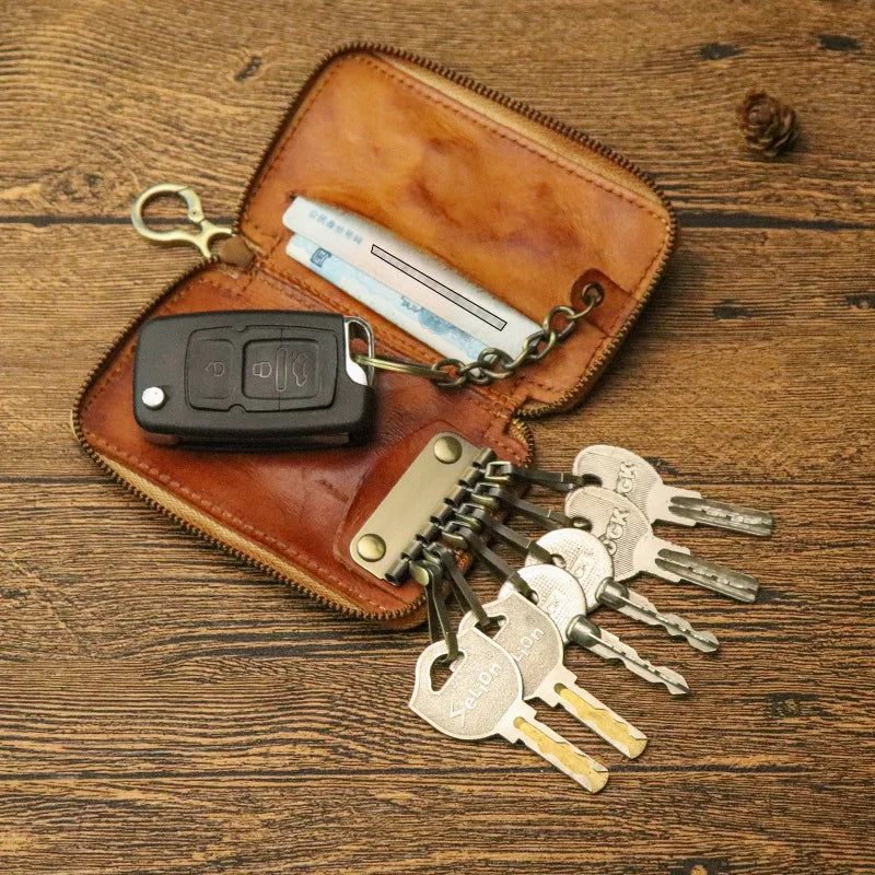 Leather Key Wallet Men Car Key Holder Zipper Key Case Top Male Man