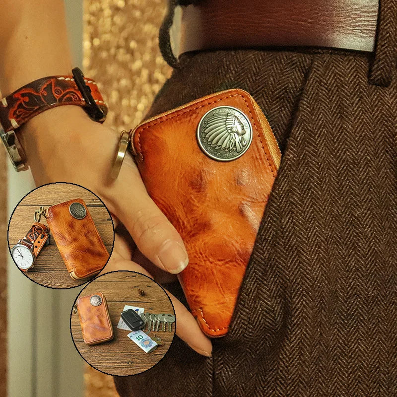 Leather Key Wallet Men Car Key Holder Zipper Key Case Top Male Man
