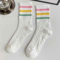 4-Pair Striped Sports Socks for Women Comfortable Mid Tube Stockings