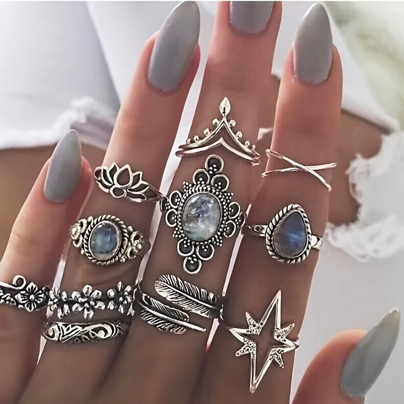 Vintage Star Geometric Hollow Ring Set For Women's Joint Tail Ring