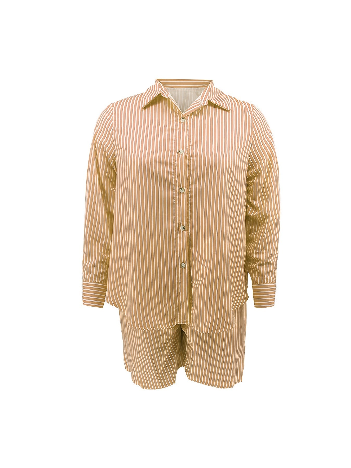 Striped Long Sleeve Shirt & Shorts Set Women's Plus Casual Outfits