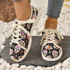 Colorful Skull Graphic Sneakers Lace Up Flat Canvas Shoes