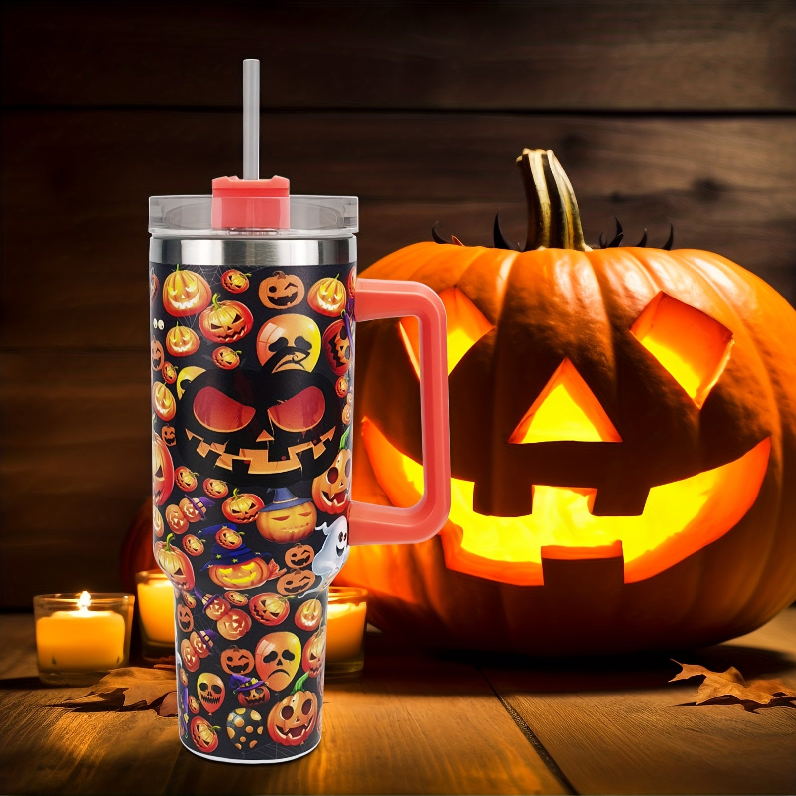 Halloween Pumpkin Print Tumbler 40oz Car Cup with Straw & Handle