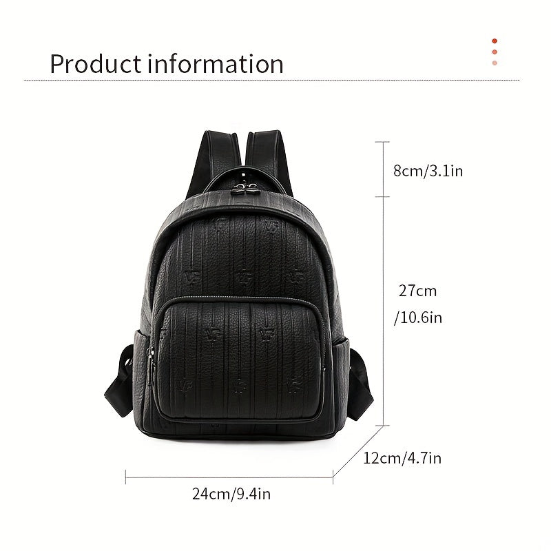 Mini Stripes Embossed Backpack Faux Leather Solid Rucksack For Travel Work