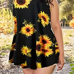  Sunflower Print Round Neck Tank Top