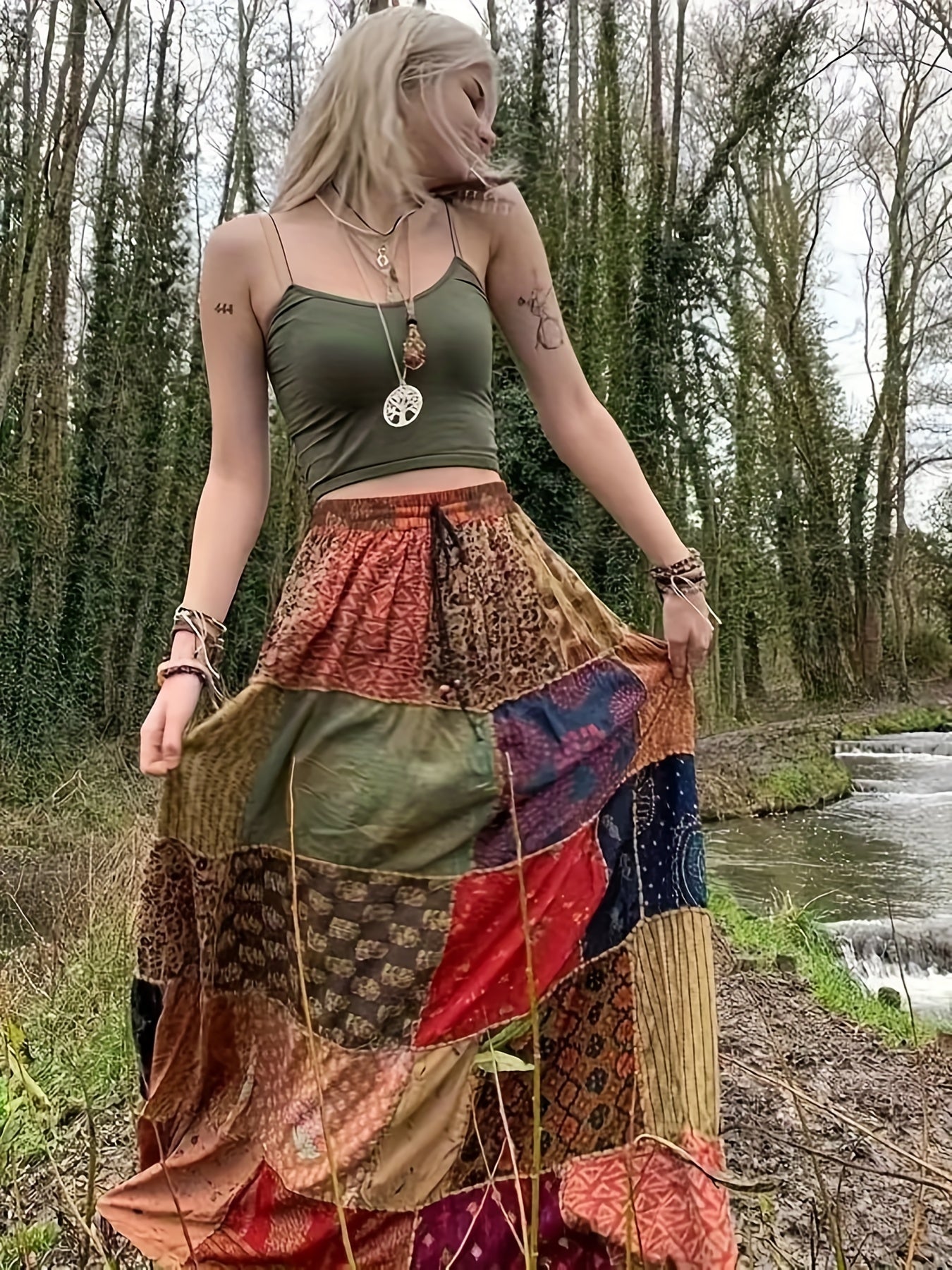 Plus Size Boho Skirt Patchwork Floral Print Drawstring Waist Maxi Skirt