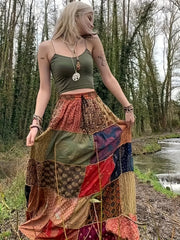 Plus Size Boho Skirt Patchwork Floral Print Drawstring Waist Maxi Skirt