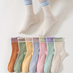8 Pairs Striped Socks Soft & Breathable Casual Mid Tube Stockings