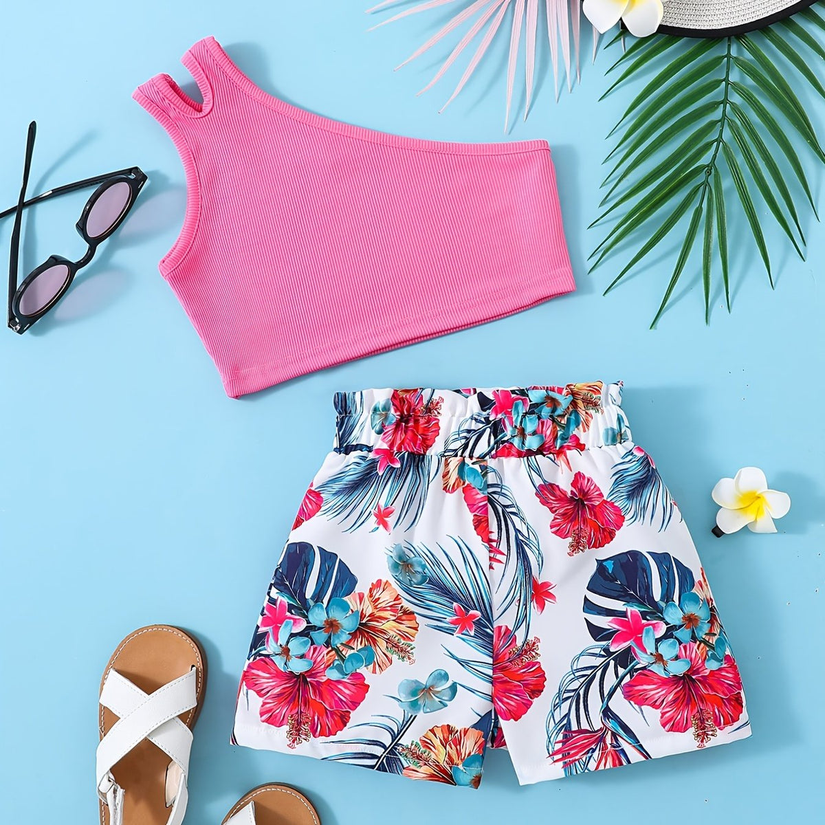 2pcs Girls Cut Out Crop Top & Floral Shorts Set Summer Clothes