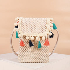 Straw Crossbody Bag with Colorful Tassel Decor
