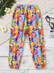 Girls Casual Bear Graphics Trousers, Loose Fit Pants