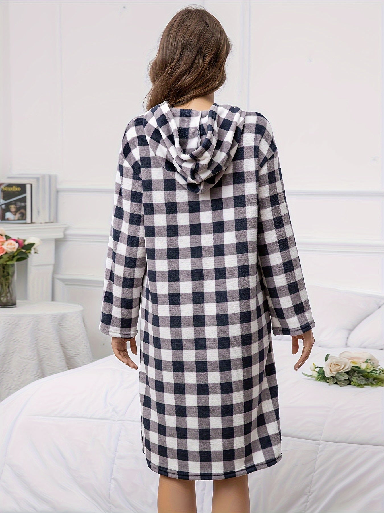 Plaid Fuzzy Hooded Night Robe Colorblock Robe With Pockets