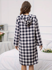 Plaid Fuzzy Hooded Night Robe Colorblock Robe With Pockets