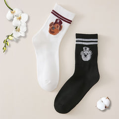 2 Pairs Cartoon Bear Print & Striped Crew Socks Women's Stockings
