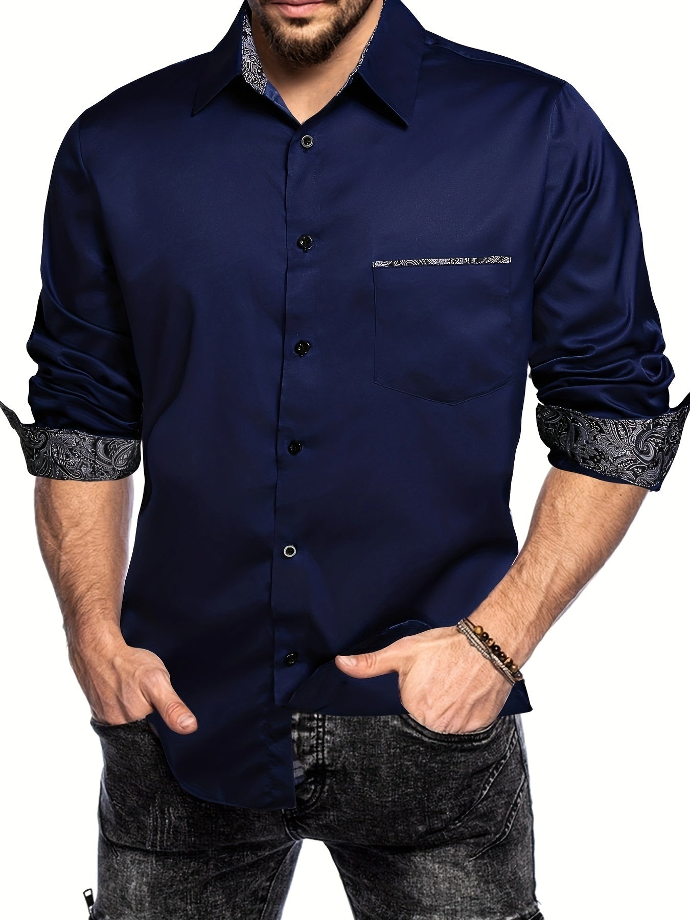 Paisley Print Collar Men's Casual Button Up Long Sleeve Shirt