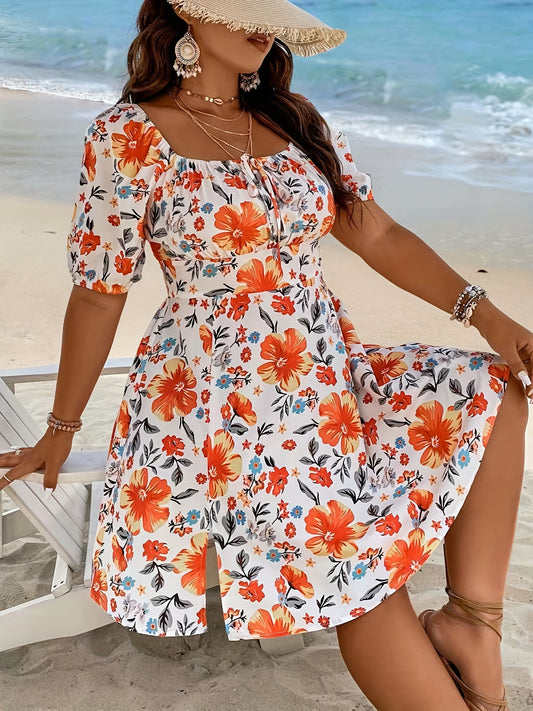  Floral Print Tie Front Puff Sleeve Square Neck Split Mini Dress
