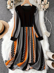  Colorblock Polka Dot Print Long Sleeve Round Neck Dress