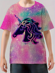 Unicorn Print Boy's Casual Tee Short Sleeve Crew Neck Comfy T-shirt