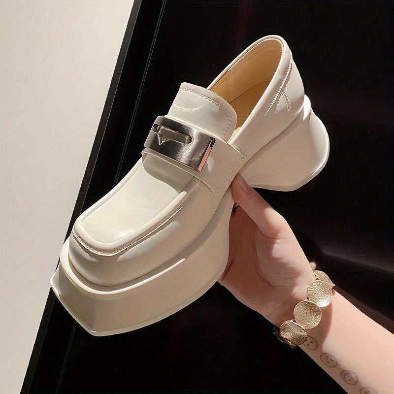 Women's Metal Platform Loafers Square Toe Slip On Shoes