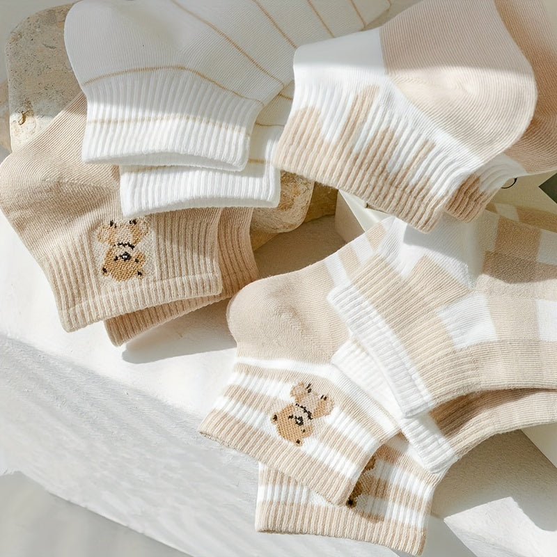 5 Pairs Cartoon Bear & Plaid Striped Ankle Socks Women's Stockings