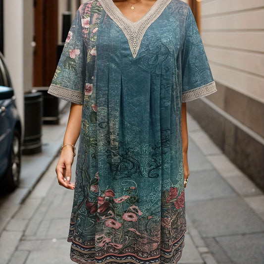  Floral Print Lace Sleeve V Neck Pleated Dress