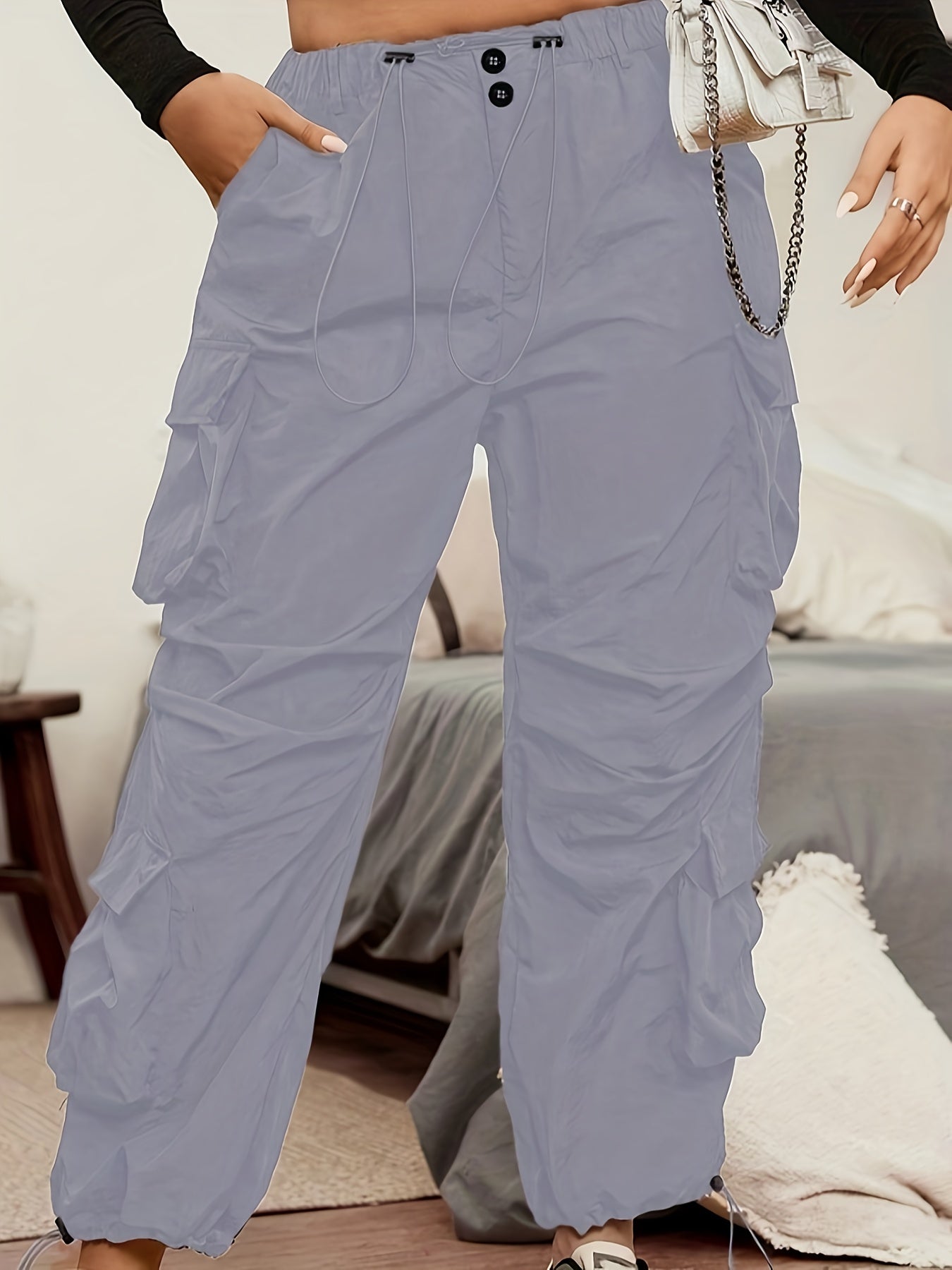  Solid Drawstring High Rise Cargo Trousers