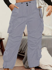  Solid Drawstring High Rise Cargo Trousers