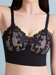 Lace Flower Full Coverage Push Up Sports Bra Wirefree V Neck