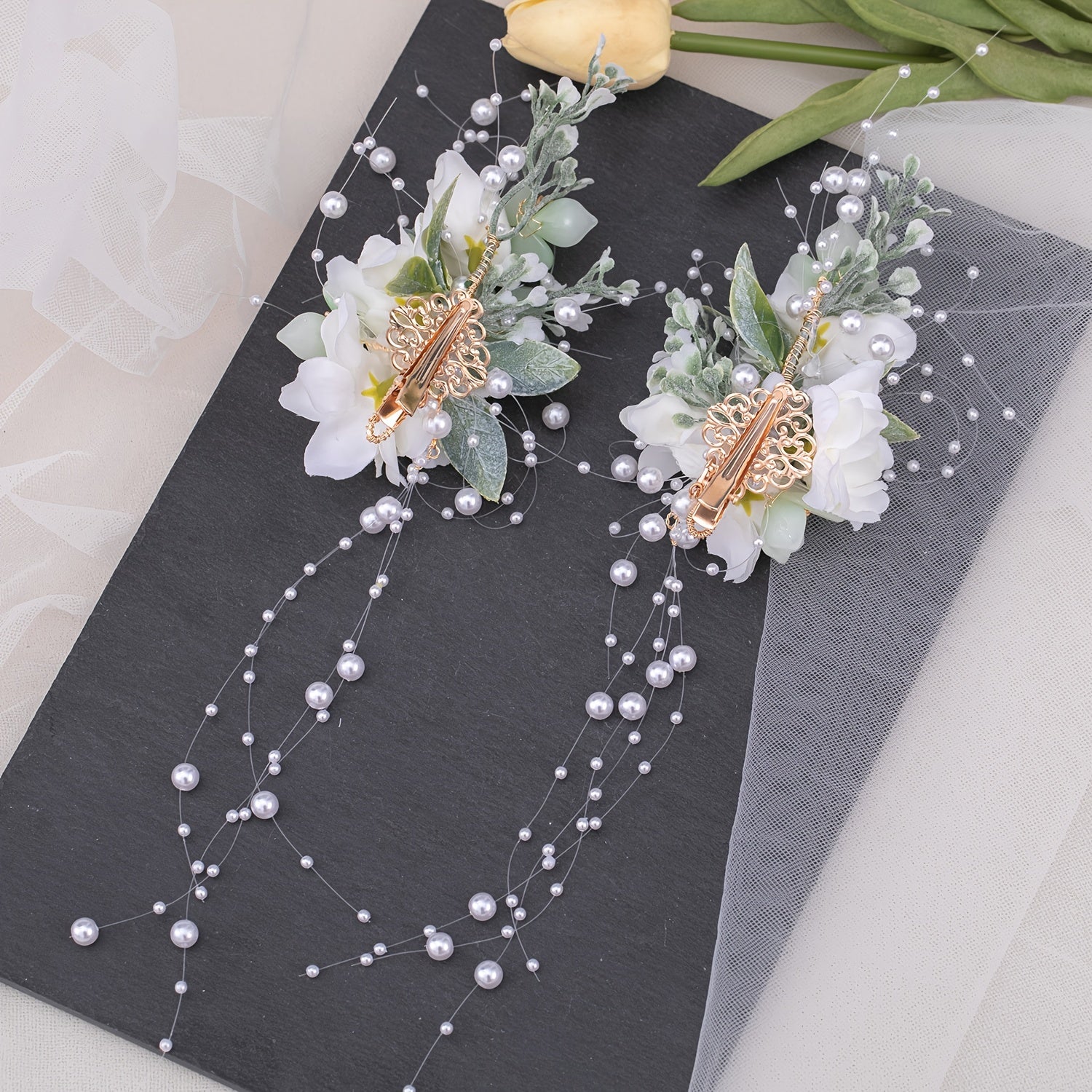 2pcs Flower & Tassel Hair Clip Faux Pearl Barrette Headwear