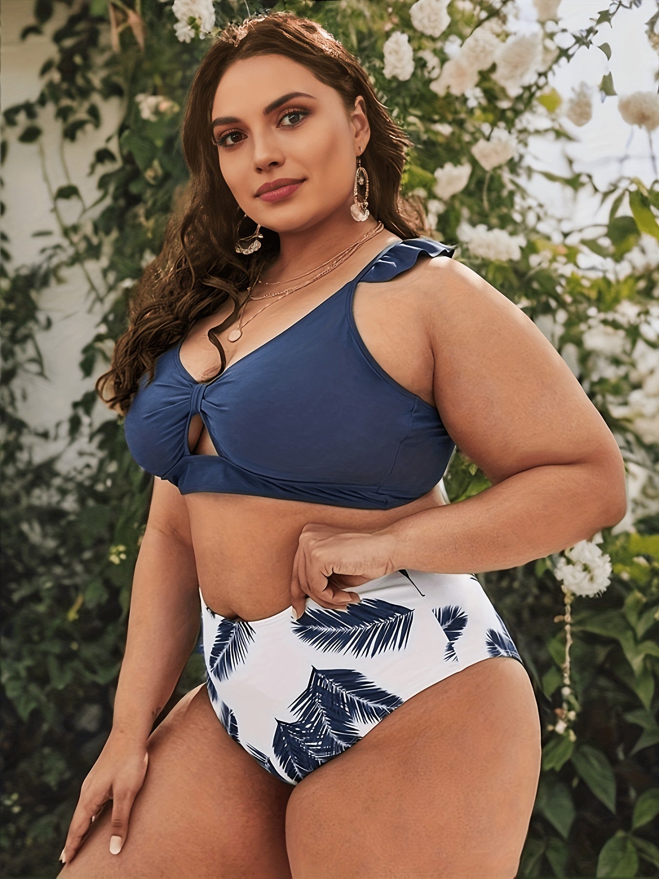  Vacay Tankini Set Women's Plus Plain Ruffle Trim Two Piece