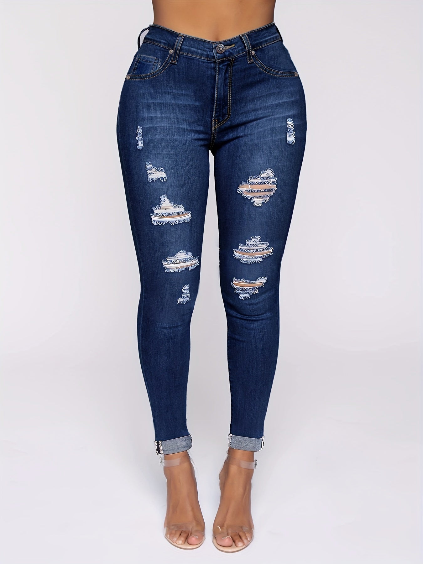 Mid Stretch Distressed Denim Pants Slim Fit