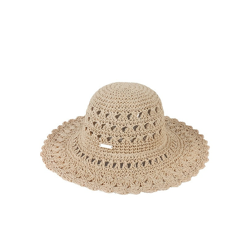 Boho Crochet Straw Visor Hat Metal Label Lightweight Sunscreen Cap