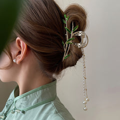 Golden Bamboo Pearl Tassel Hair Claw Clip Non Slip Strong Hold
