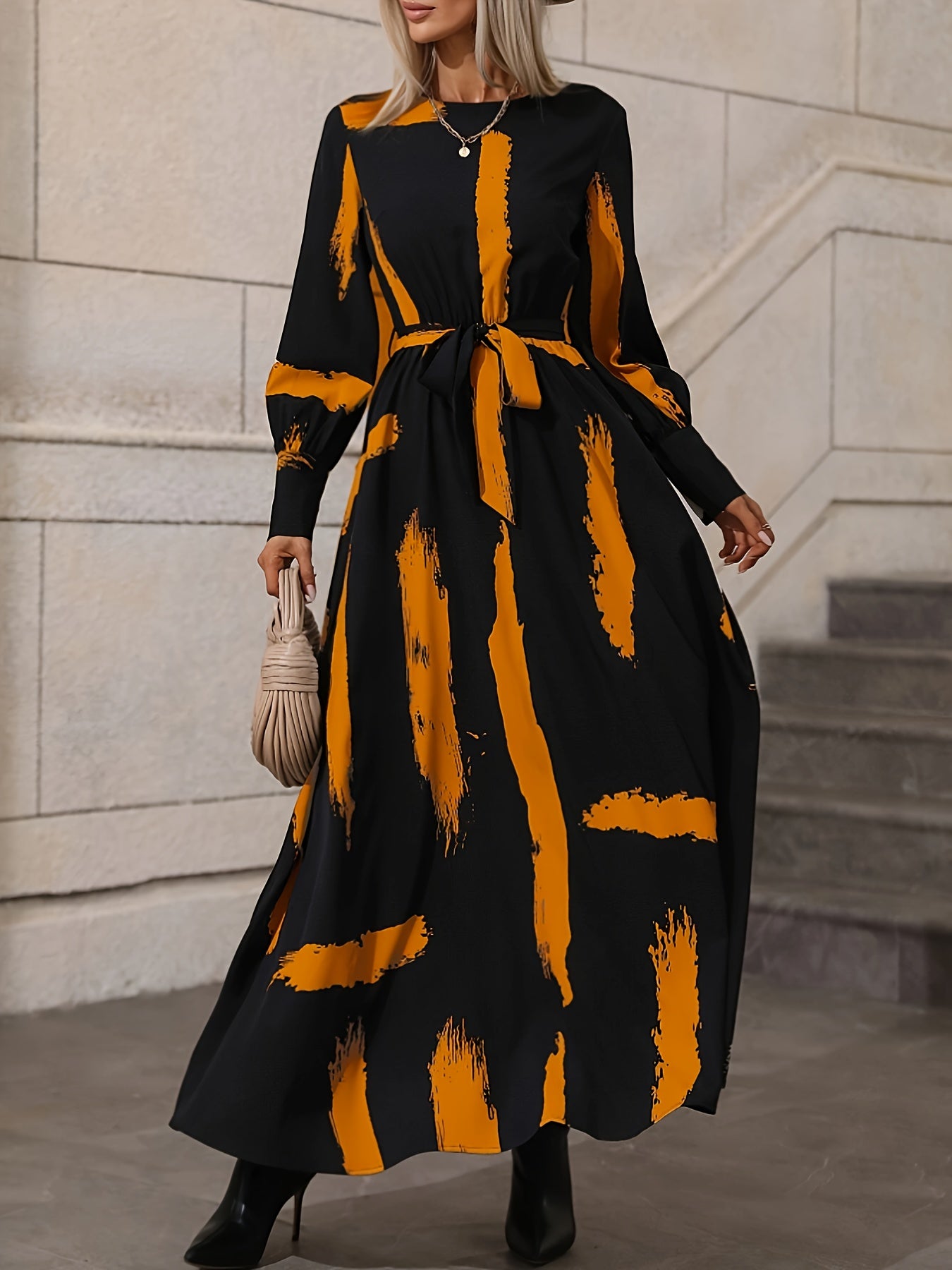  Brush Print Lantern Sleeve Maxi Dress With Belt