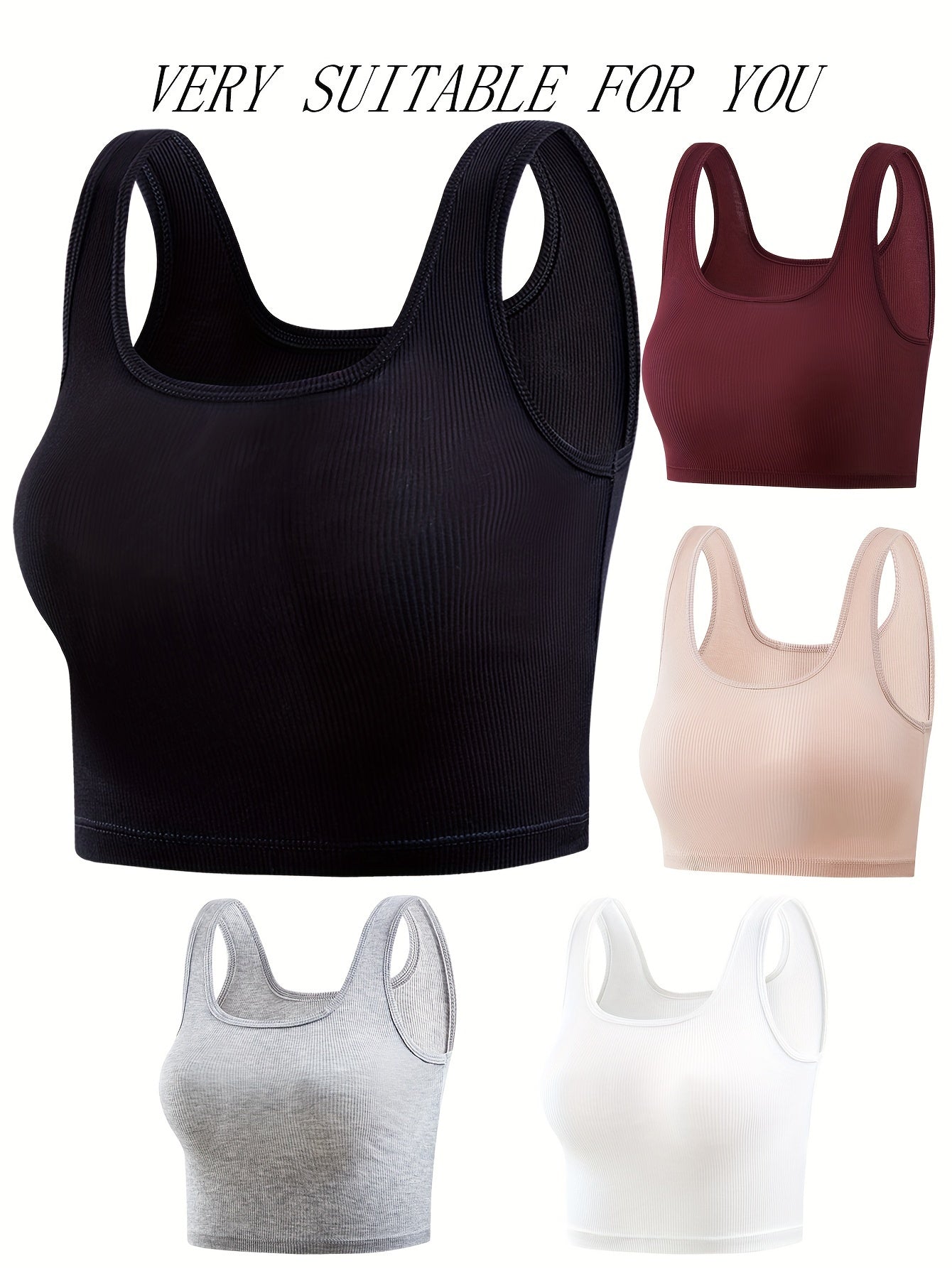 5pcs Ribbed Tank Tops Sleeveless Slim Fit Women Lingerie