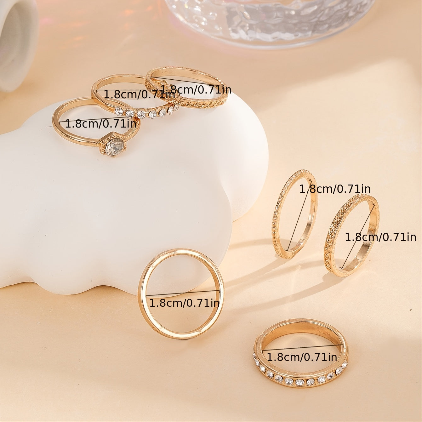Personality Rhinestone Rings 7pcs Set 18K Plated Jewelry For Her